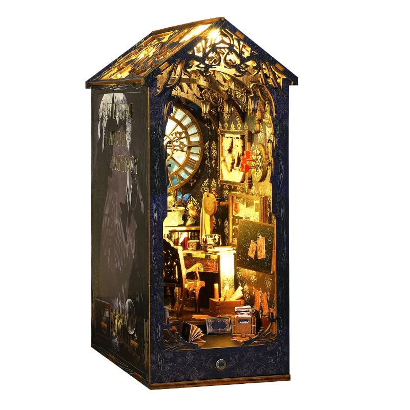 DIY Book Nook Kit Wooden Detective Agency Miniature Dollhouse Kit, Creative Bookshelf Insert Decor with Sensor LED Light, Bookend Building Hobbies 3D Hallisun