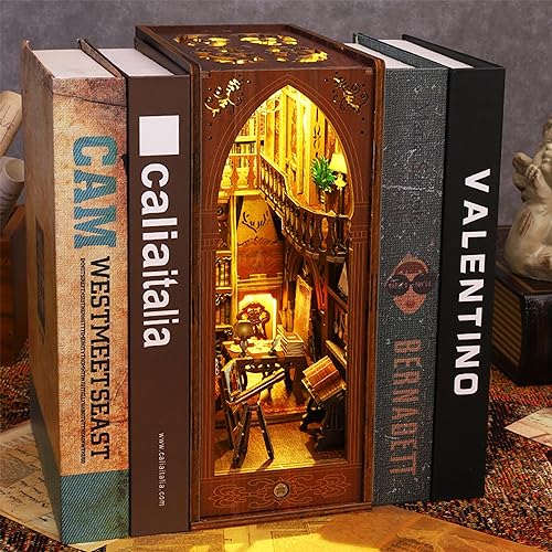 ISSEVE DIY Book Nook Kit, 3D Wooden Puzzle DIY Miniature House Kit for Book Nook Shelf Insert Decoration, Magic Book House Stand Bookshelf Dollhouse ISSEVE