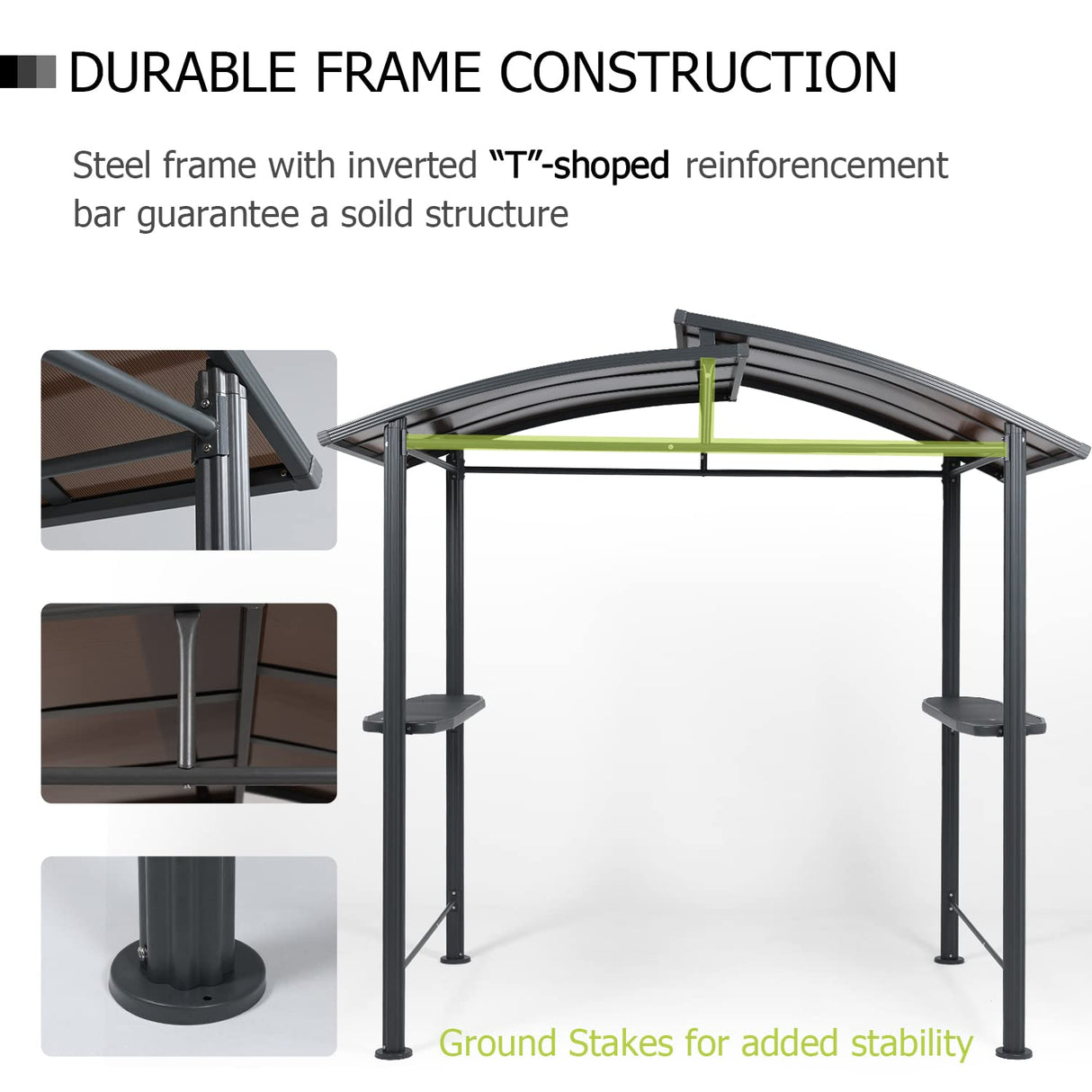 Aoodor 8 x 5 ft. BBQ Grill Gazebo Shelter, Dark Gray Steel Frame and Brown Double-Tier Polycarbonate Top Canopy, with Side Shelves, for Outdoor, Aoodor