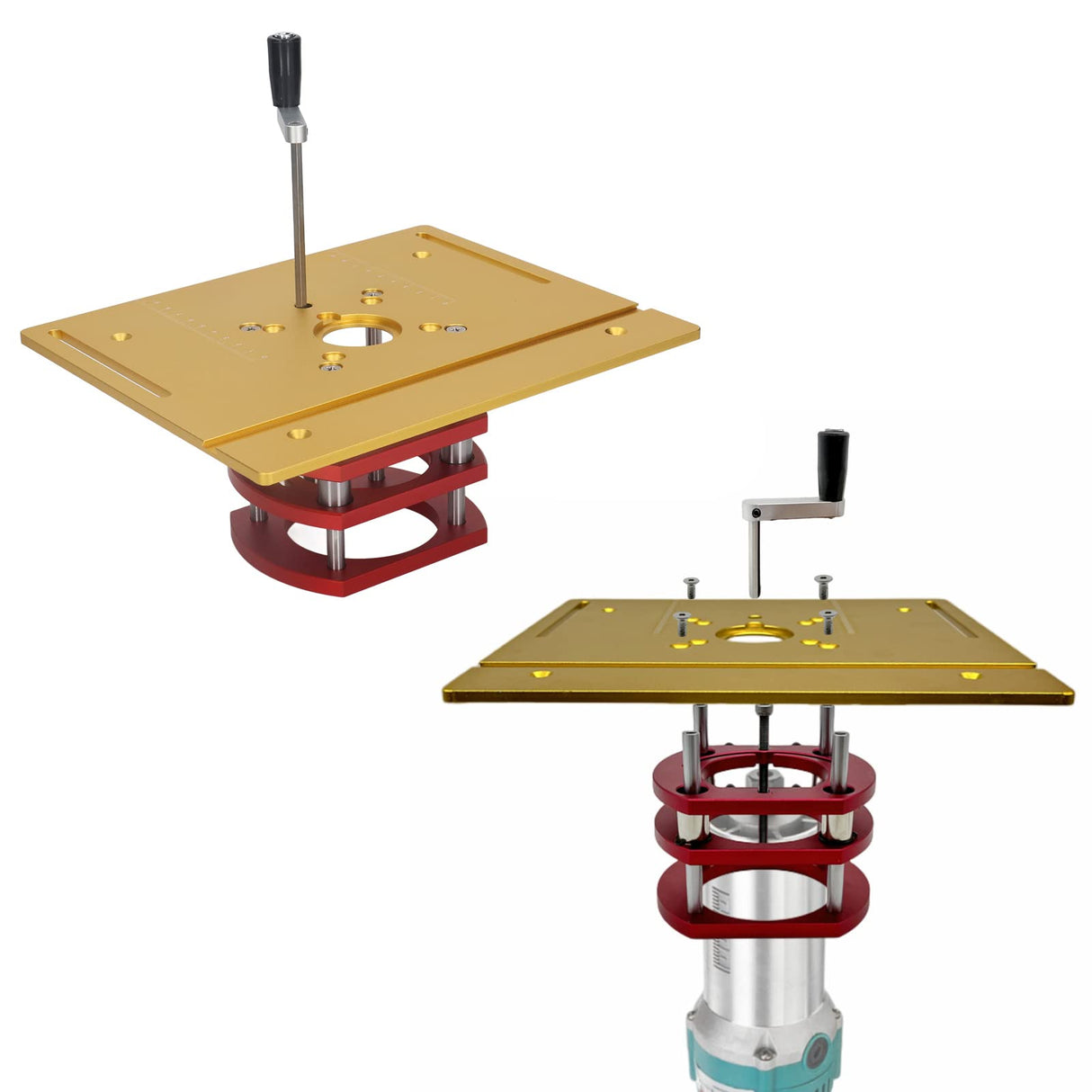 Acogedor Router Lift Kit, Metal Router Lift System with Router Table Insert Plate, 4 Jaw Clamping, Router Lift Base Accessories (Gold) Acogedor