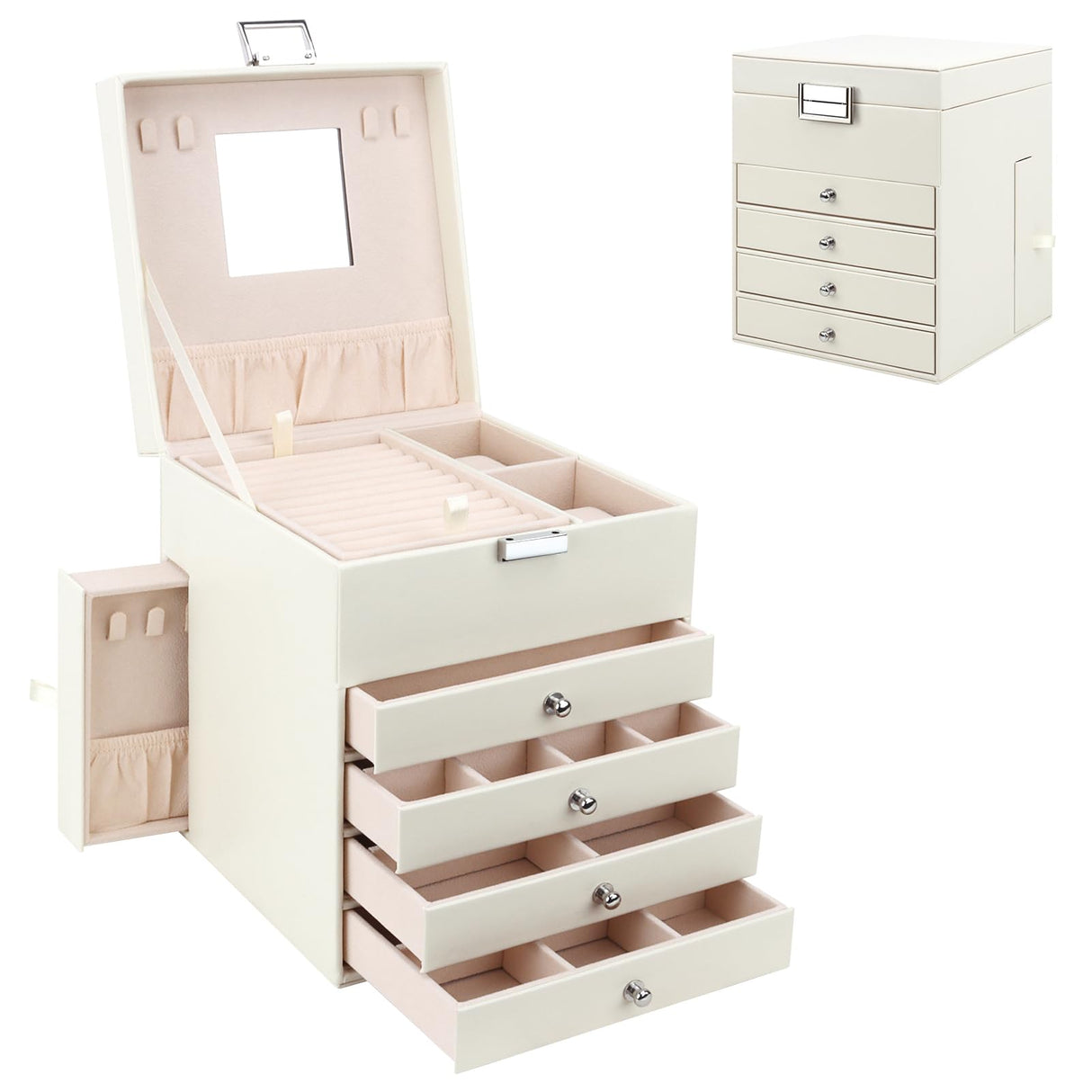 DesignSter Jewelry Organizer Box, 5 Layers Jewelry Box with side compartment, Large Leather Jewelry Storage Case With Mirror For Necklaces Earrings DesignSter