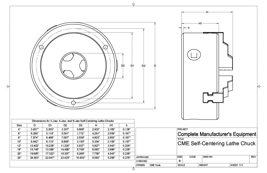 CME 6" 3-Jaw Self-Centering (Scroll) Lathe Chuck with 1 1/2"-8 Threaded Backing Plate, Two-Piece Reversible Jaws CME Tools