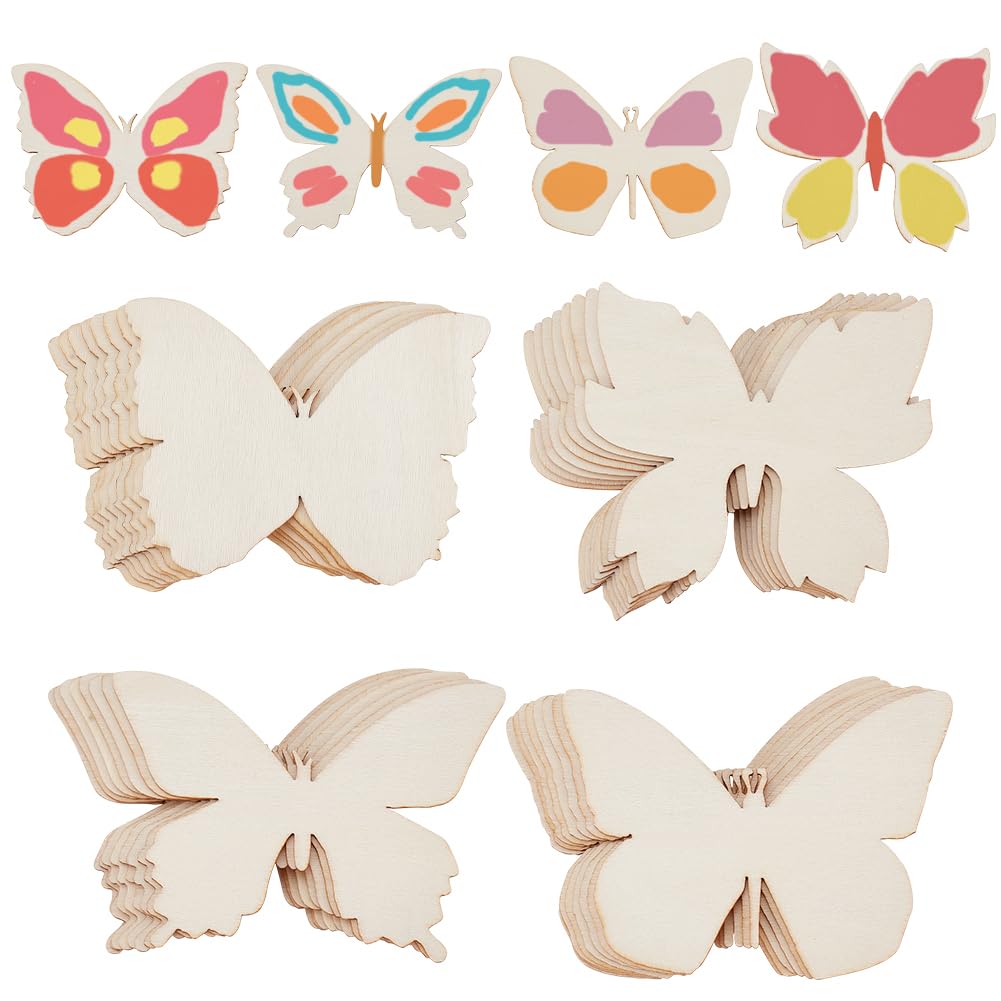 GOMAKERER 48 Pcs Wooden Butterfly Cutouts, 4 Styles Natural Unfinished Butterfly Slices Blank Butterfly Shaped Wood Cutouts Wooden Butterfly GOMAKERER