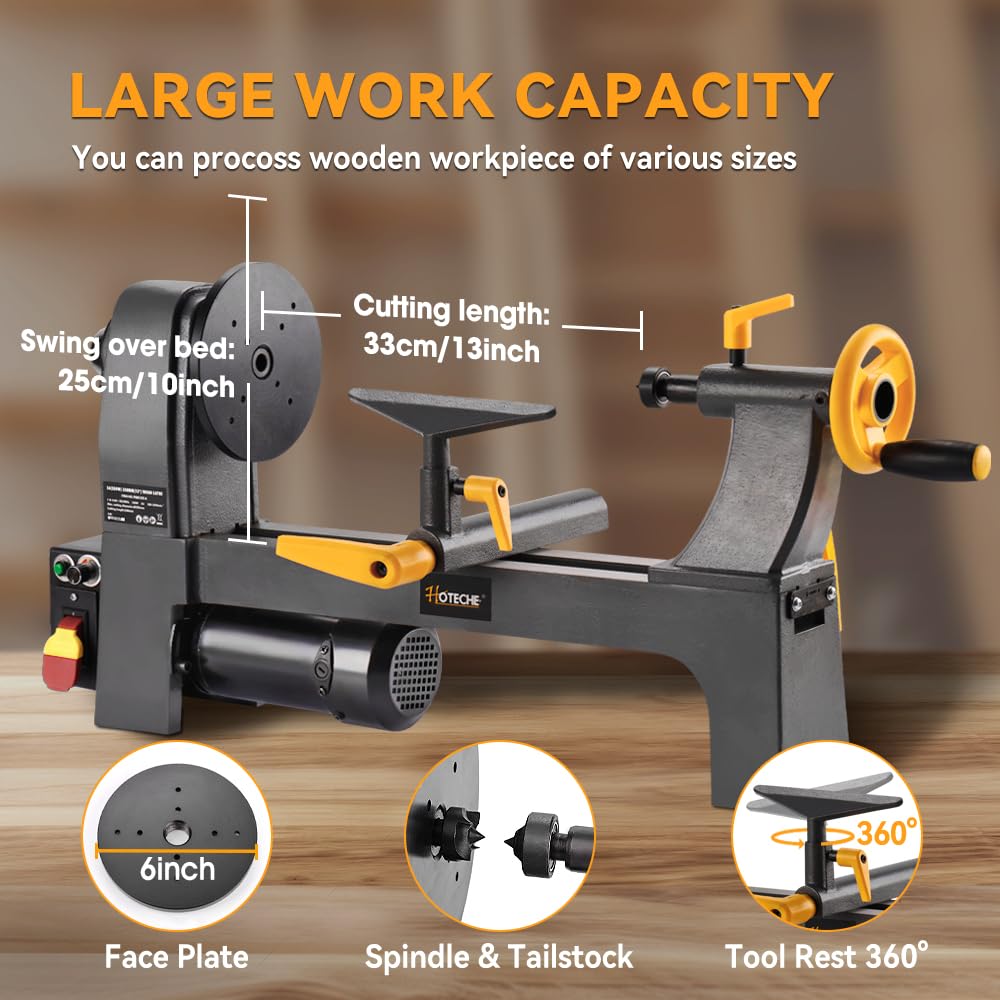 Hoteche Benchtop Wood Lathe 3-Amp 10-Inch x 13-Inch Variable Speed Mini Power Woodturning Tool Hoteche