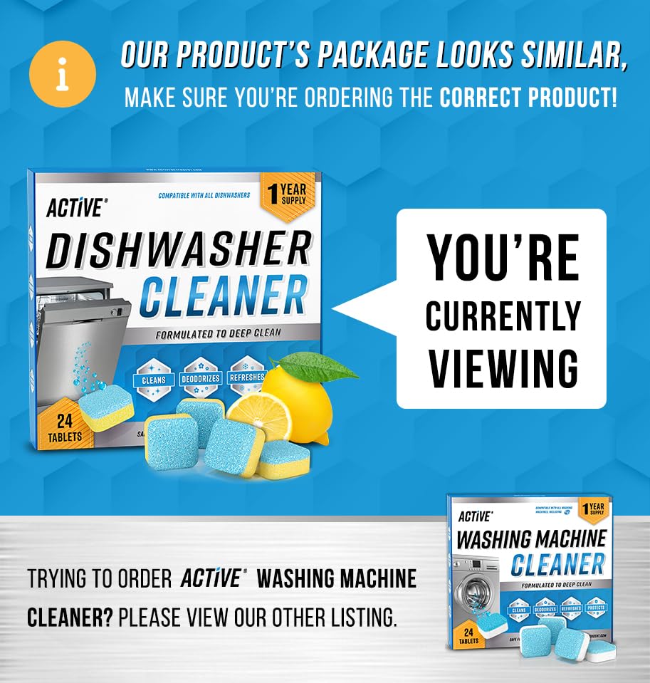 Dishwasher Cleaner And Deodorizer Tablets - 24 Pack Deep Cleaning Descaler Pods for Dish Washer Machine, Heavy Duty, Septic Safe, Natural Limescale ACTIVE