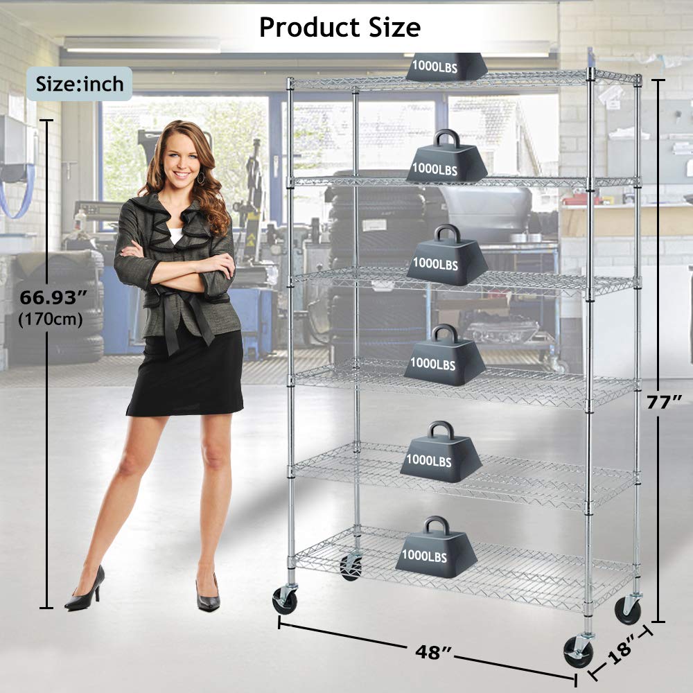 6 Tier Storage Shelves Metal Wire Shelving Unit with Wheels, 6000LBS Weight Capacity Heavy Duty NSF Height Adjustable Garage Shelving Utility Steel Dkeli