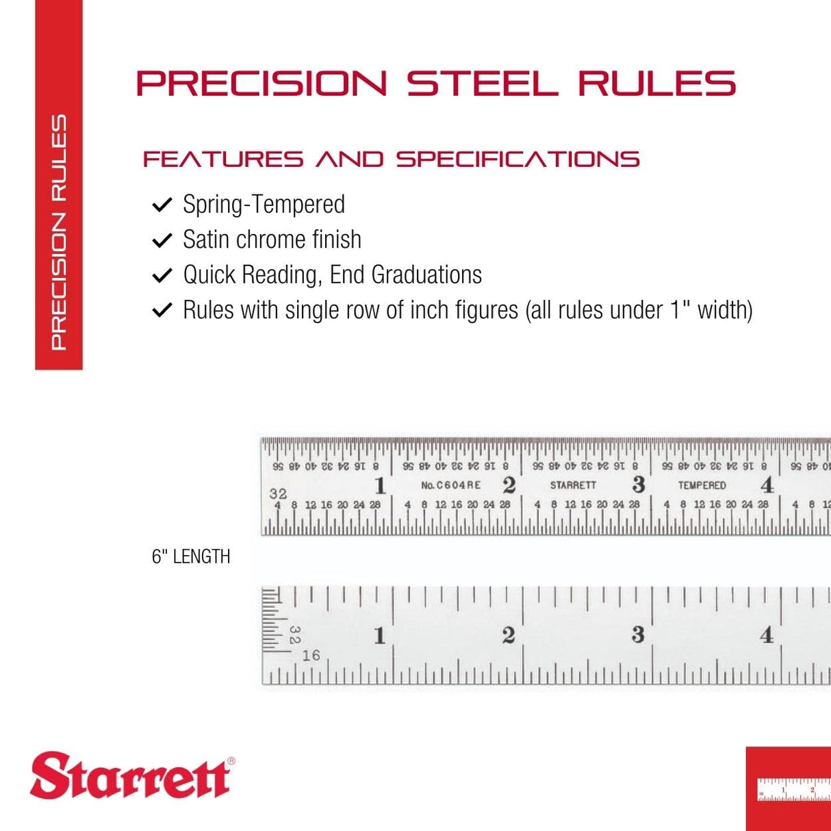 Starrett Spring Tempered Steel Rule with Satin Chrome Finish, Quick Reading and Inch Graduations - 6" Length, 4R Graduation Type, 3/64" Thickness - Starrett