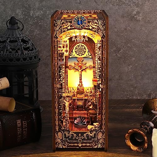 DIY Book Nook Kit with Sensor Light Music Box, 3D Wooden Puzzle for Adults, Covenant Church Bookshelf Insert, Self-Assembly Bookend Building Set Hallisun