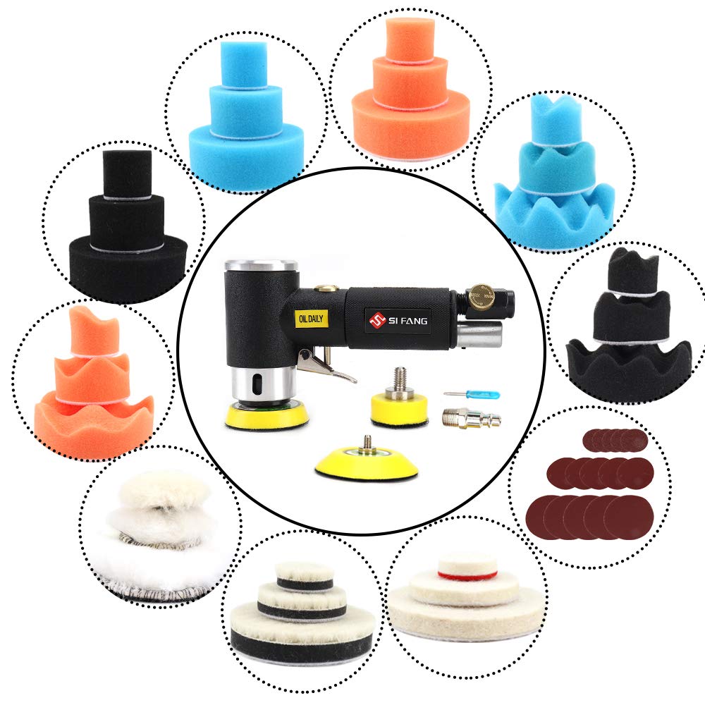 SI FANG 48Pcs 1'' 2'' 3'' Mini Random Orbital Air Sander Kit,High Speed Mini Pneumatic Sander Polisher for Auto Body Work, Includes 1/2/3in Polishing SI FANG