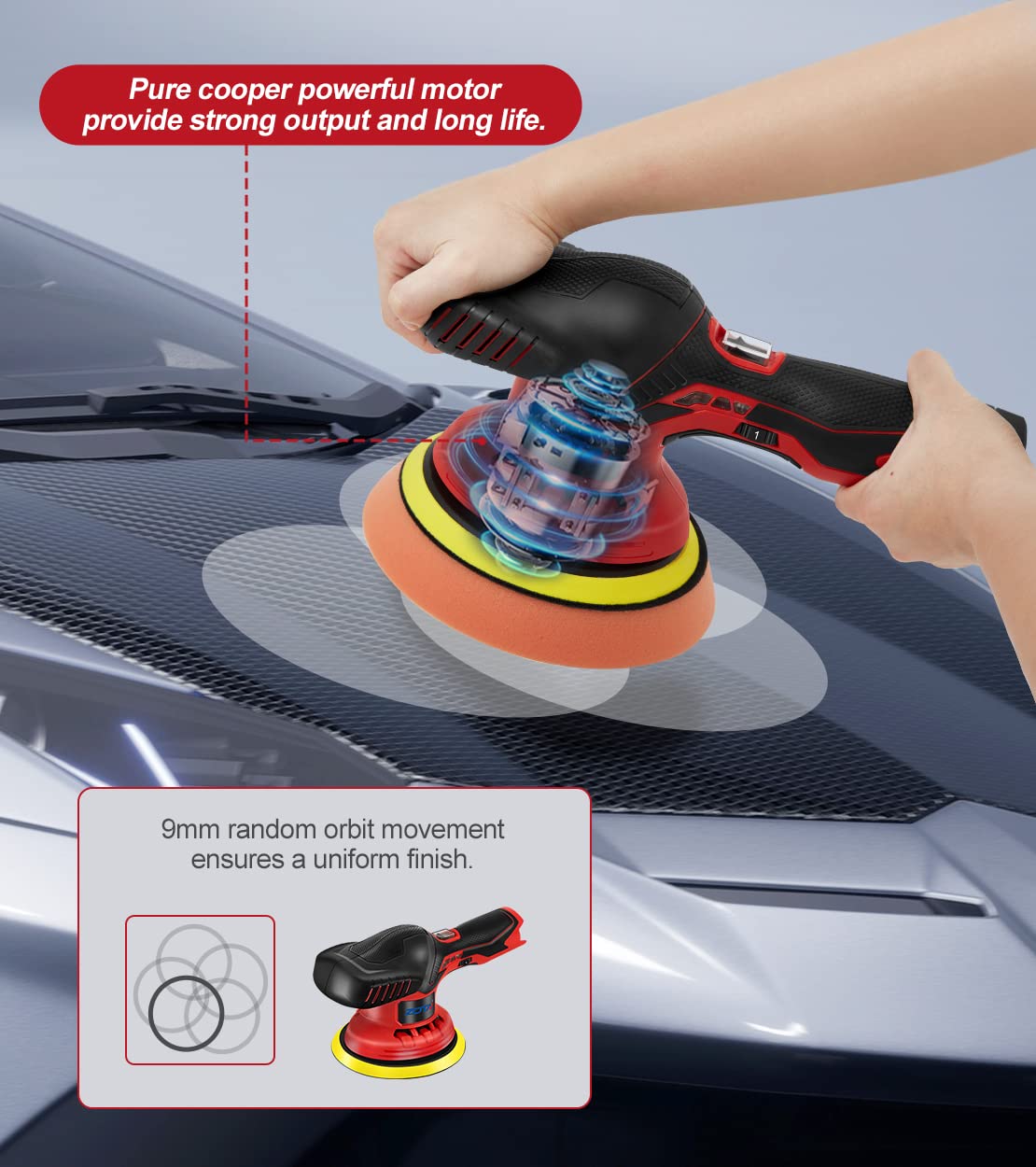ZOTA Cordless Buffer Polisher for Car,6 inch 2pcs 12V/2.0Ah Lithium Rechargeable Battery Cordless Polisher with 6 Variable Speed,Quiet Orbital Car ZOTA
