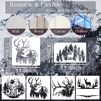 11 Pcs Deer Stencils Forest Mountain Tree Deer Head Stencils for Wood Burning Stencil Template Stencils for Painting on Wood Crafts Home Decors