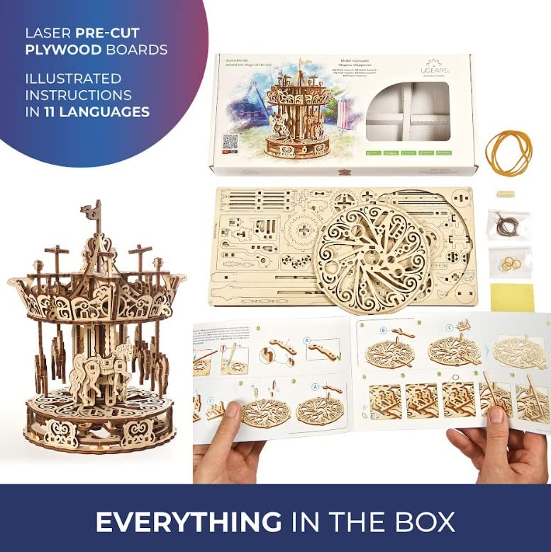 UGEARS Carousel Wooden Mechanical 3D Model Self-Assembling Craft DIY Kit Adult and Teens Puzzle Gift UGEARS