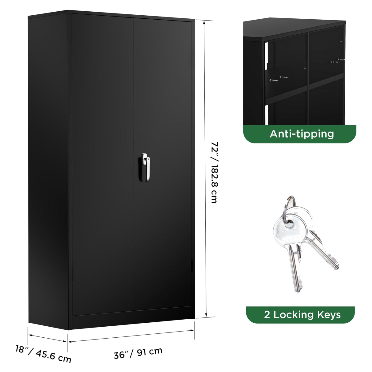 Greenvelly Metal Garage Storage Cabinet, 72” Lockable Storage Cabinet with Adjustable Shelves, Steel Tool Cabinets, Black Metal File Cabinet for Home Greenvelly