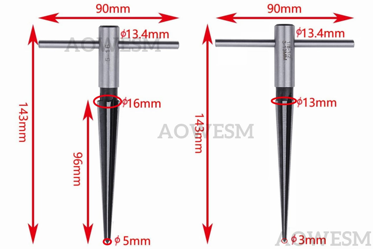 AOWESM Guitar Tapered Reamer Set 3-13mm(1/8''-1/2'') & 5-16mm(½"-5/8") Bridge Pin Hole Hand Held Taper Reamers 6 Fluted Chamfer Reaming Guitar AOWESM