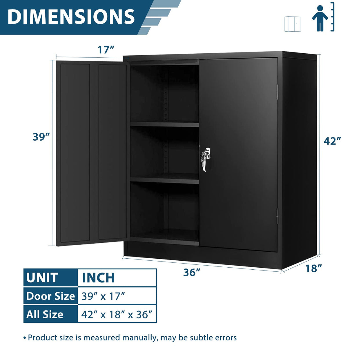 INTERGREAT 42" Metal Storage Cabinet with Locking Doors, Lockable Steel Storage Cabinet with 2 Doors and Shelves, Black Metal Cabinet with Lock, INTERGREAT