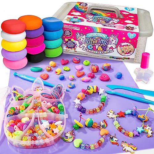 GirlZone Unicorn Charms and Clay Bracelet Kit, Bracelet Making Kit for Girls with Charms, Air Dry Clay and Beads, Fun Christmas Gifts for Girls 8-12 GirlZone