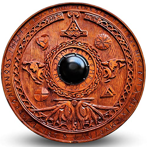 Carfar Medieval Vikings Era Full Adult Size 30inch Warrior Shield Handmade Natural Wood Carved Battle Play Halloween Cosplay (Leif Erikson) Carfar
