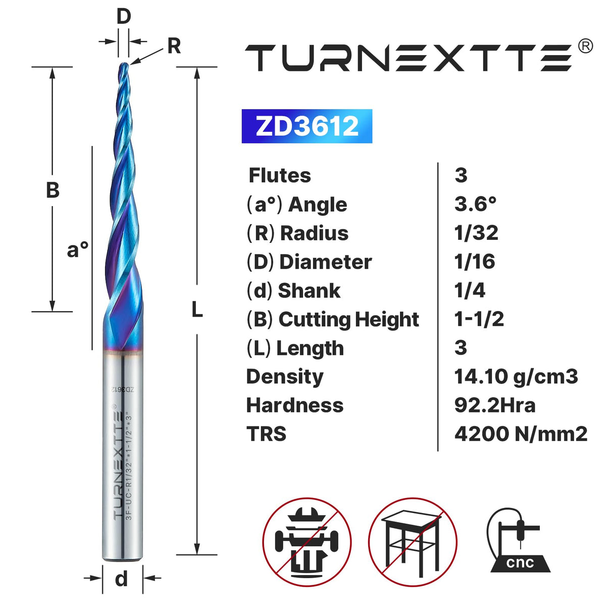 Turnextte 3.6 Deg Spiral Tapered Ball Nose Router Bit for CNC, 3 Flute 1/16 Dia x 1/32 Radius and 1-1/2 inch Cutting Length 1/4 inch Shank with Nano Turnextte