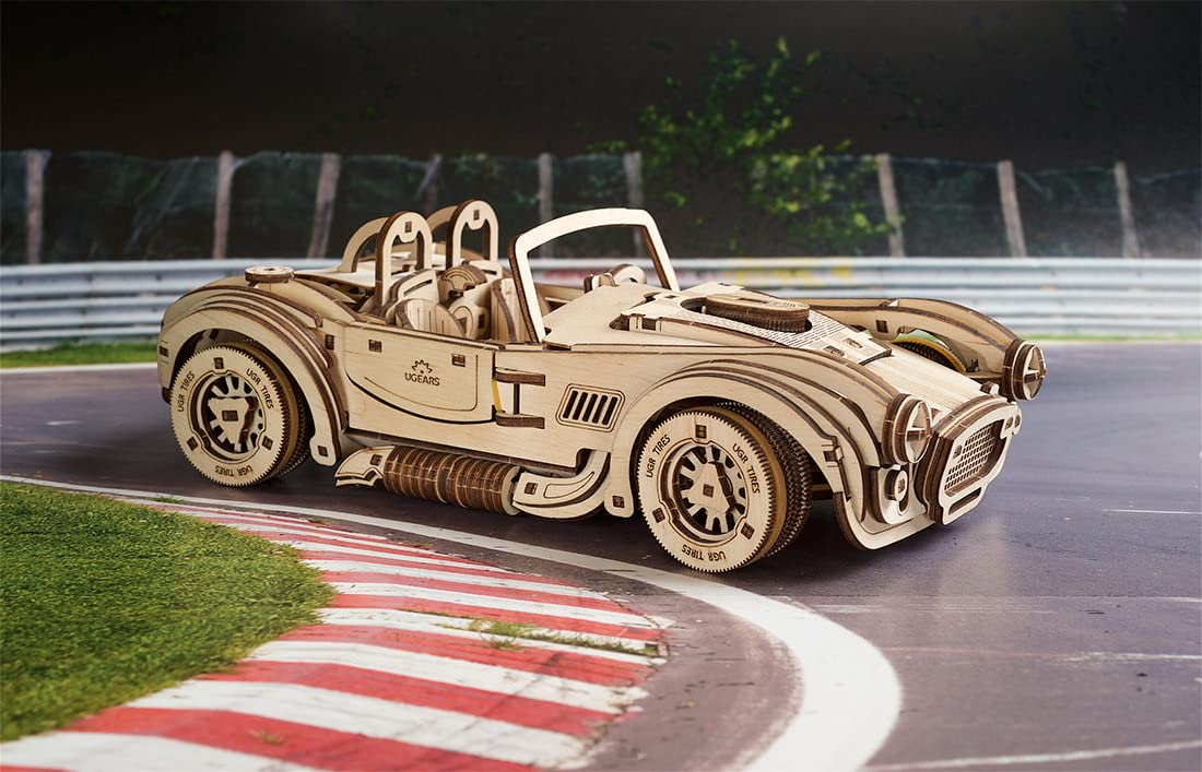 UGEARS Vintage Car Model Kit - Drift Cobra Racing Car 3D Puzzle Kit Idea - Wooden 3D Puzzles Model Kits for Adults with Powerful Spring Motor - Model UGEARS