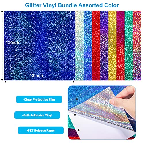 Holographic Glitter Vinyl Sheets 9 Pack Vinyl Permanent - Easy to use Adhesive Vinyl for Craft Decor,12” X 12” (Holographic Glitter) GIRAFVINYL