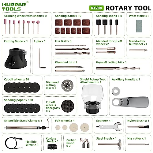 Rotary Tool Kit, 200W 1.8 AMP Huepar Tools with Flex Shaft 239pcs Accessories include MultiPro Keyless Chuck, 6 Variable Speed 10000-40000RPM Huepar Tools