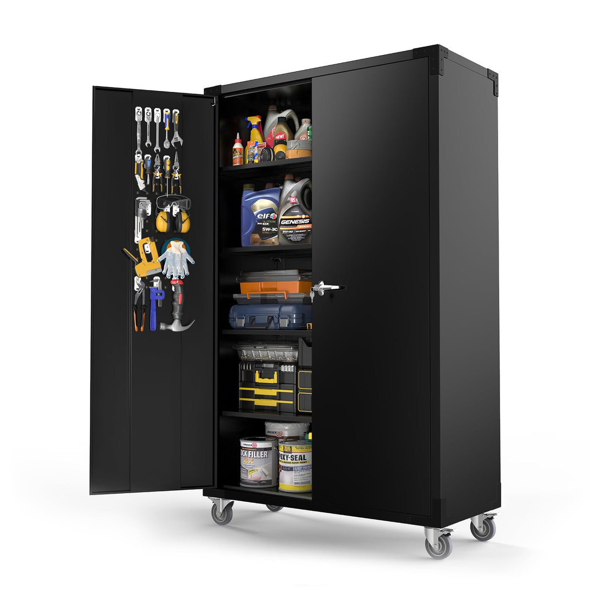 VINGLI Upgraded 72" Tall & Wide Metal Storage Cabinet with Pegboards in Doors and 4 Adjustable Shelves, Black Garage Cabinet and Storage System with VINGLI