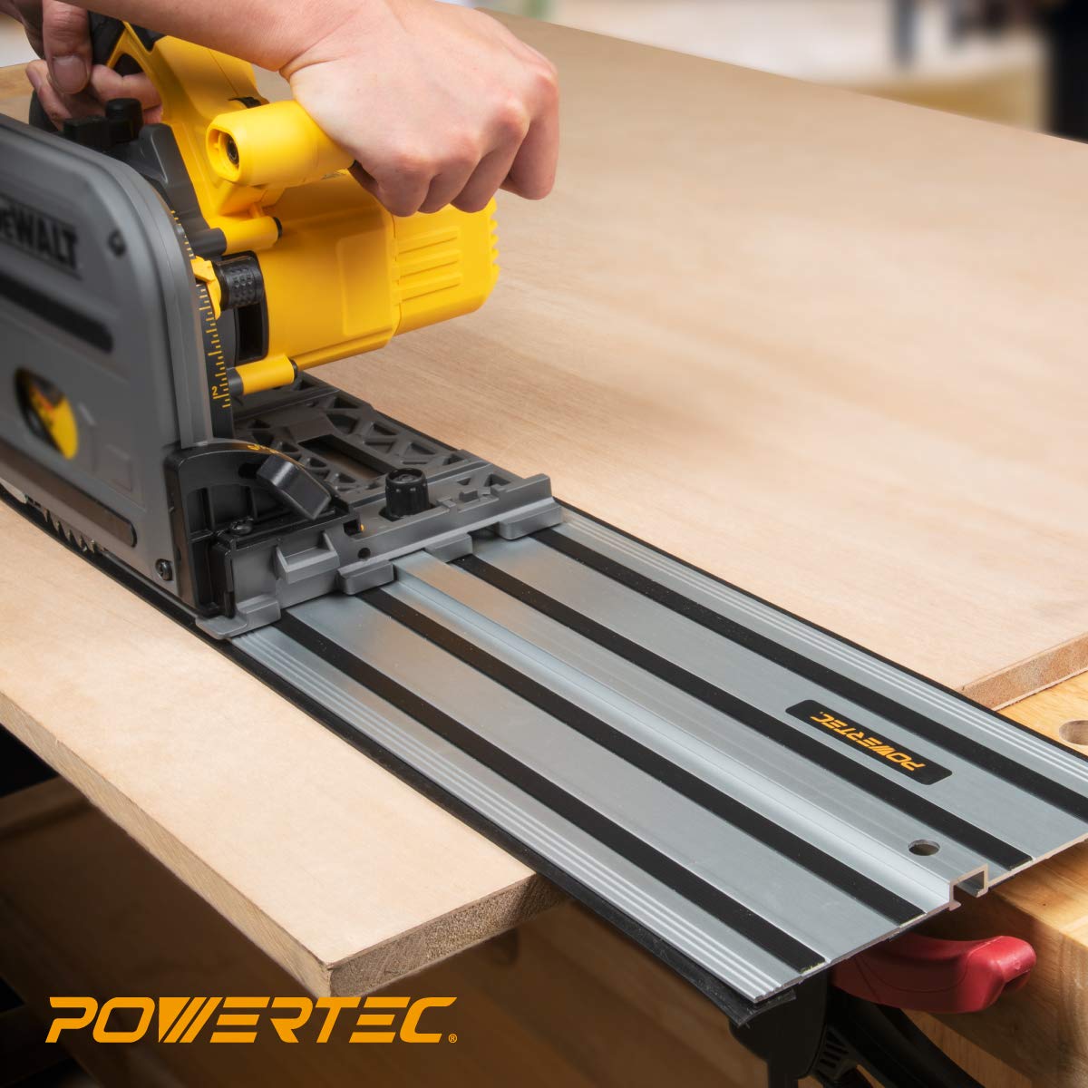 POWERTEC 71691 110 Inch Track Saw Guide Rail Connector Set for DeWalt Track Saws, Clamping Options Includes 2x55" Aluminum Extruded Guided Rails and POWERTEC