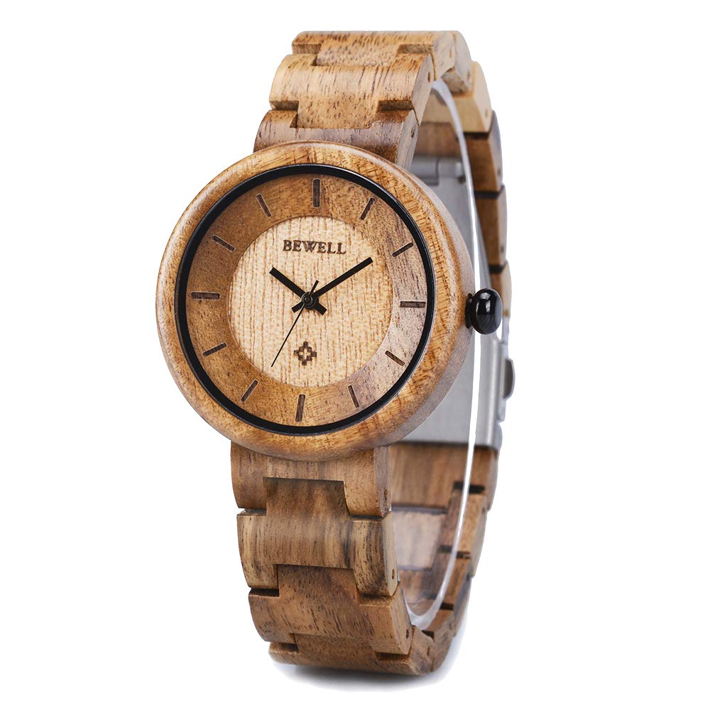 BEWELL Wood Watches for Women, Handmade Wooden Watch with Lightweight Adjustable Wood Band, Natural Casual Fashion Quartz Wristwatch BEWELL