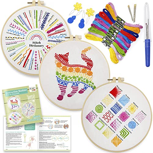 Beginners Embroidery Stitch Practice kit, 3 Sets Embroidery Kit to Learn 30  Different Stitches for Craft Lover Hand Stitch with Embroidery Fabric with