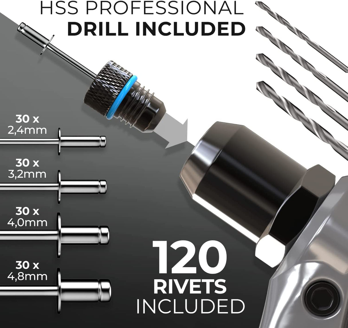 KLRStec Professional Rivet Gun Kit incl. 120 Pop Rivets and 4 HSS Drills - High quality Pop Rivet Tool Kit for processing Blind Rivets KLRS