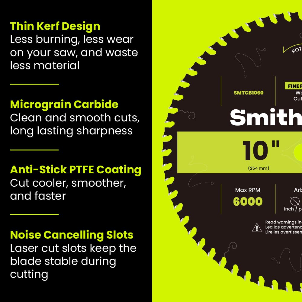 Smithology 10 Inch Table Saw Blades – 2 Pack | ATB 32 Tooth & 60 Tooth | Carbide Tipped | Thin Kerf | for Wood Crosscutting, Ultra Fine Finishing | Smithology
