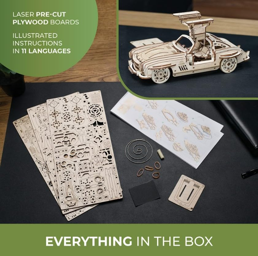 UGEARS Winged Sports Coupe Model Car Kit - 3D Wooden Puzzle Car –Model Kit for Adults to Build - DIY Wooden Car Model Kit with Authentic Gull-Wing UGEARS