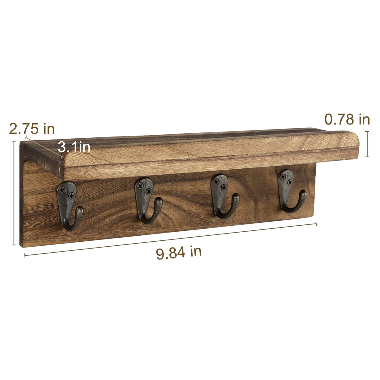 HRONRAD Rustic Key Holder for Wall, Farmhouse Wall Shelf with 4 Hooks, Wall Mounted Key Racks, Wooden Mail Organizer with Hooks for Entryway (Brown) HRONRAD
