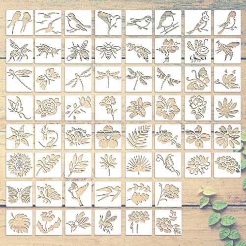 60 PCS Wood Burning Stencils for Crafts Painting on Wood Flowering Plants Bee Butterfly Pattern Stencil for Art Projects Scrapbooking Drawing Wall Nananent