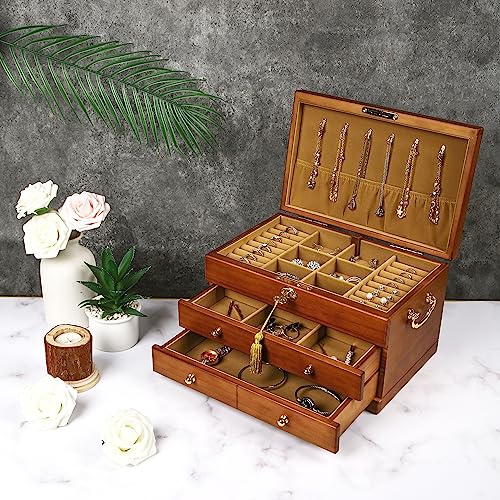 EURIELK Wooden Jewelry Box with Lock and Key for Women, 2 Drawers Medium Size Real Natural Wood Lockable Antique Girls Organizer Boxes with Large EURIELK