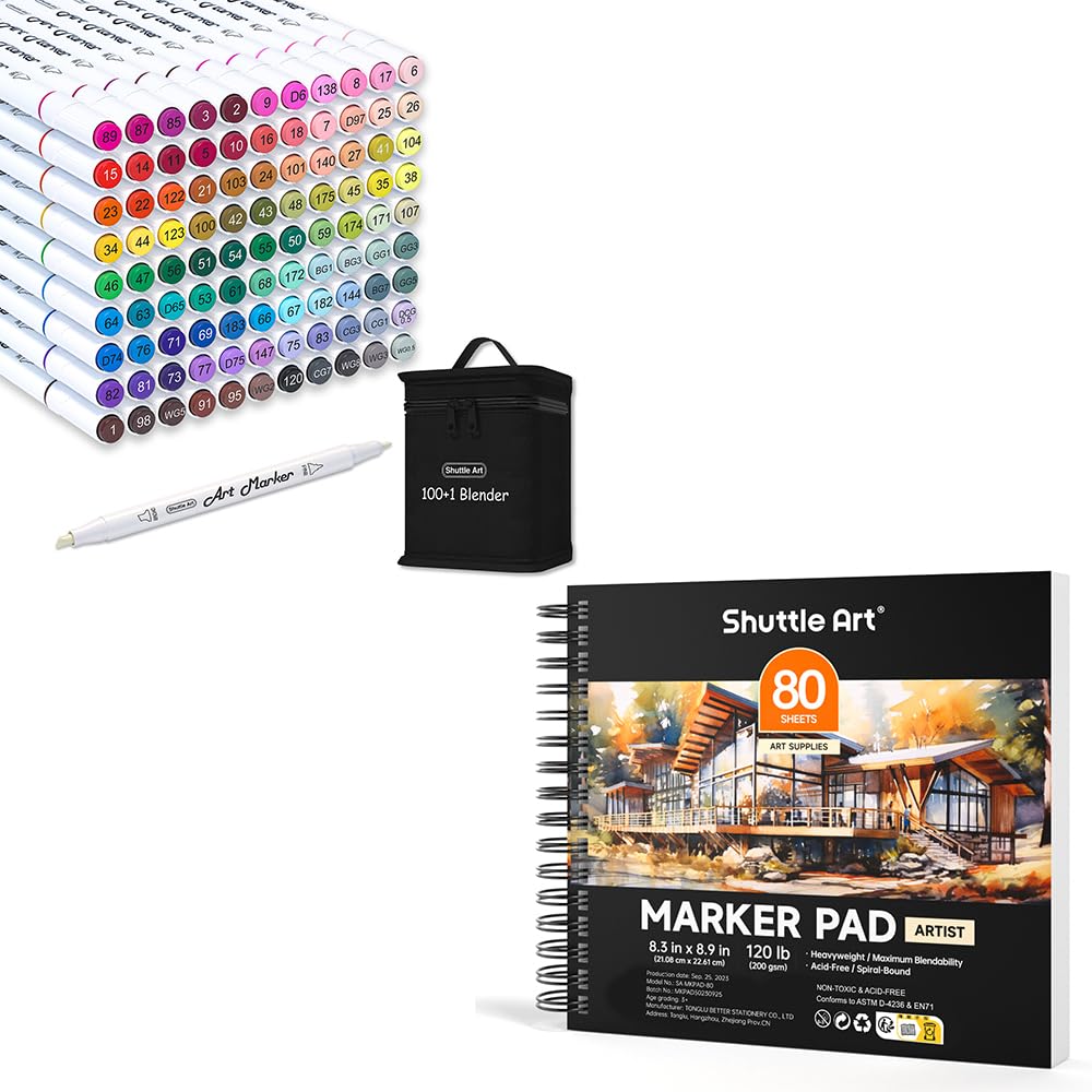 Shuttle Art Alcohol Marker Pad Bundle, Set of 101 Colors Dual Tip Alcohol Markers + 80 Sheets Marker Pad Shuttle Art