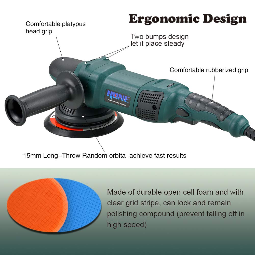 HONE Car Polisher, 15mm Long-Throw Random Orbital Polisher, Buffer for Car Detailing,6"/5"/850W Dual Action Polisher with Variable Speed-HNPR615B HONE