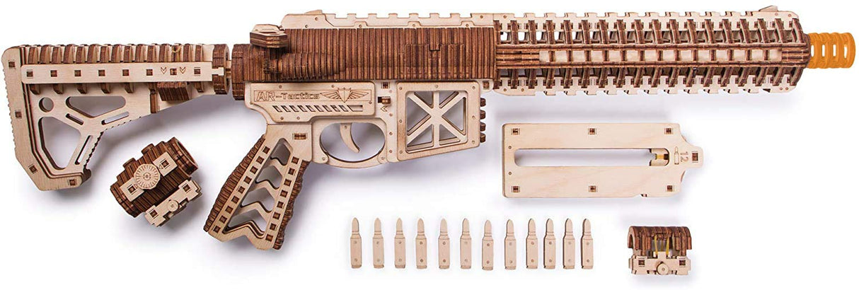 Wood Trick Assault Gun AR-T Model Kit for Adults and Teens to Build - with Telescoping Butt, Fuse, Sight and Clip for 12 Rounds - Detailed Wood Trick
