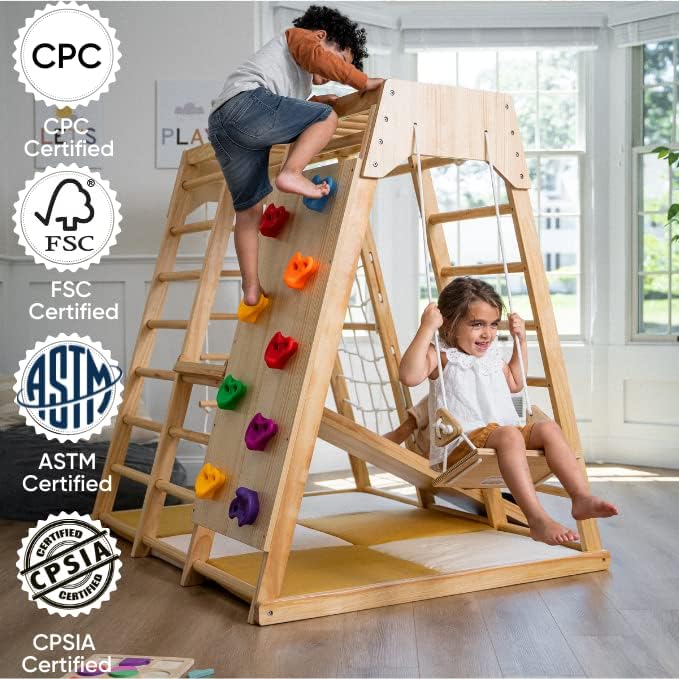 Avenlur Magnolia Indoor Playground 6-in-1 Jungle Gym Montessori Waldorf Style Wooden Climber Playset Slide, Rock Climbing Wall, Rope Wall Climber, Avenlur