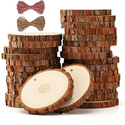 SENMUT Unfinished Wood Slices 30pcs 2.8"-3.0" Wood Circles for Crafts, Predrilled Natural Wood Rounds, Wooden Discs Perfect for DIY, Artistic