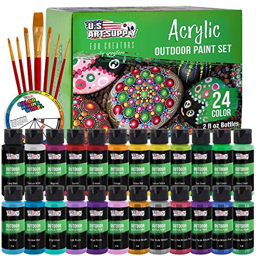 U.S. Art Supply Professional 24 Color Set of Outdoor Acrylic Paint in 2 Ounce Bottles, Plus a 7-Piece Brush Kit - Vivid Colors for Artists, Students U.S. Art Supply