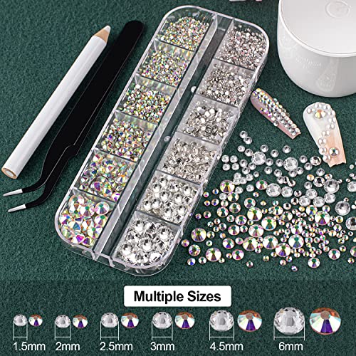 Flat Back Rhinestones&Pearls Kits Round Glass Crystal AB&Transparent White Gems+White&Beige Pearls With Quick Dry Makeup Glue+Picker Pencil+Tweezer BELLEBOOST