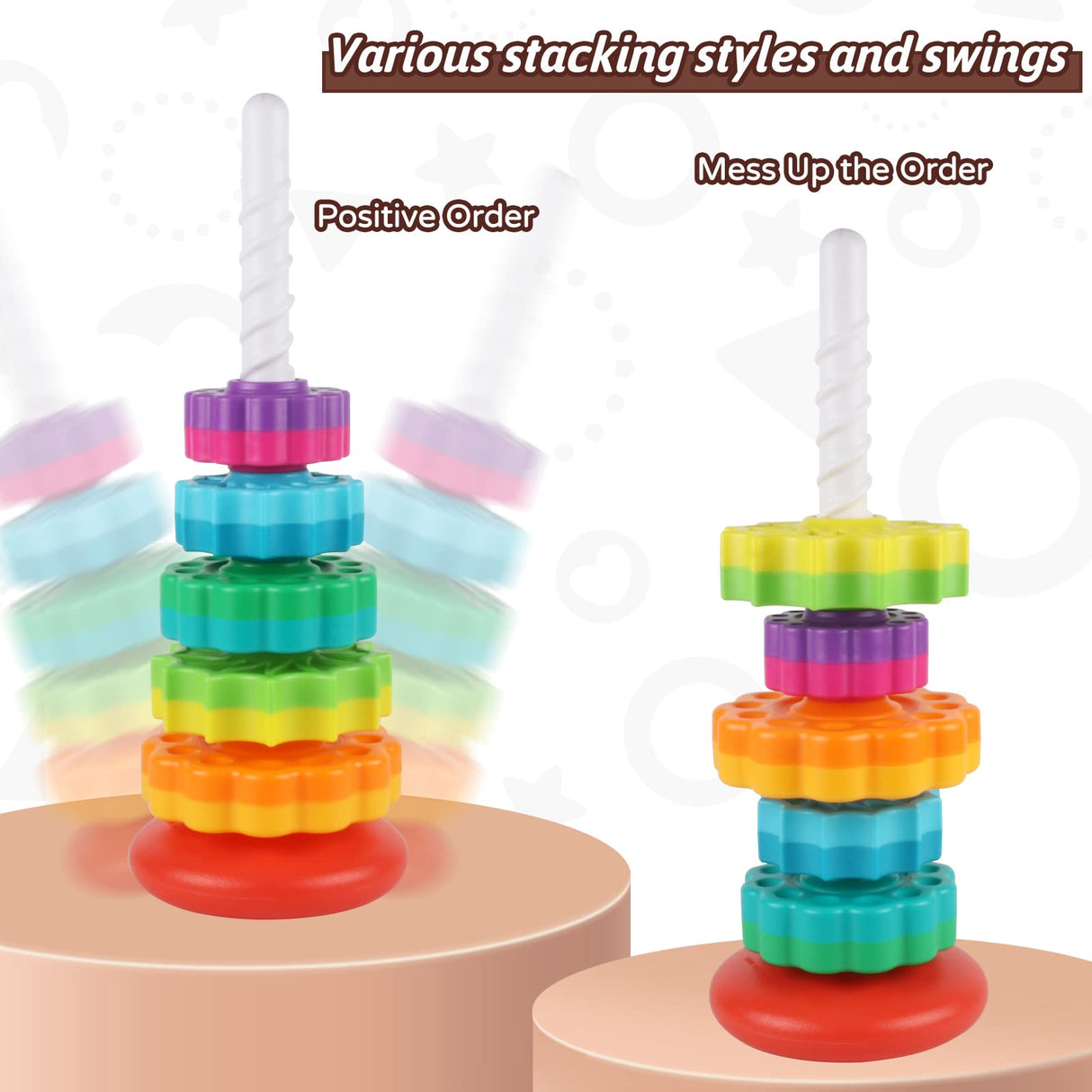 JUXUE Baby Spinning Stacking Toys for Toddlers 1-3, Rainbow Ring Stacker Montessori Toys for Babies 6-12 Months, 1 2 3 One Year Old Girl Boy JUXUE