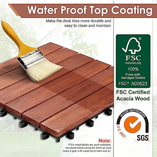 PrimeZone 54 PCS Solid Acacia Wood Interlocking Patio Deck Tiles - 12" x 12" Indoor Outdoor Waterproof Flooring Tiles for Balcony, Backyard, Garden & PrimeZone