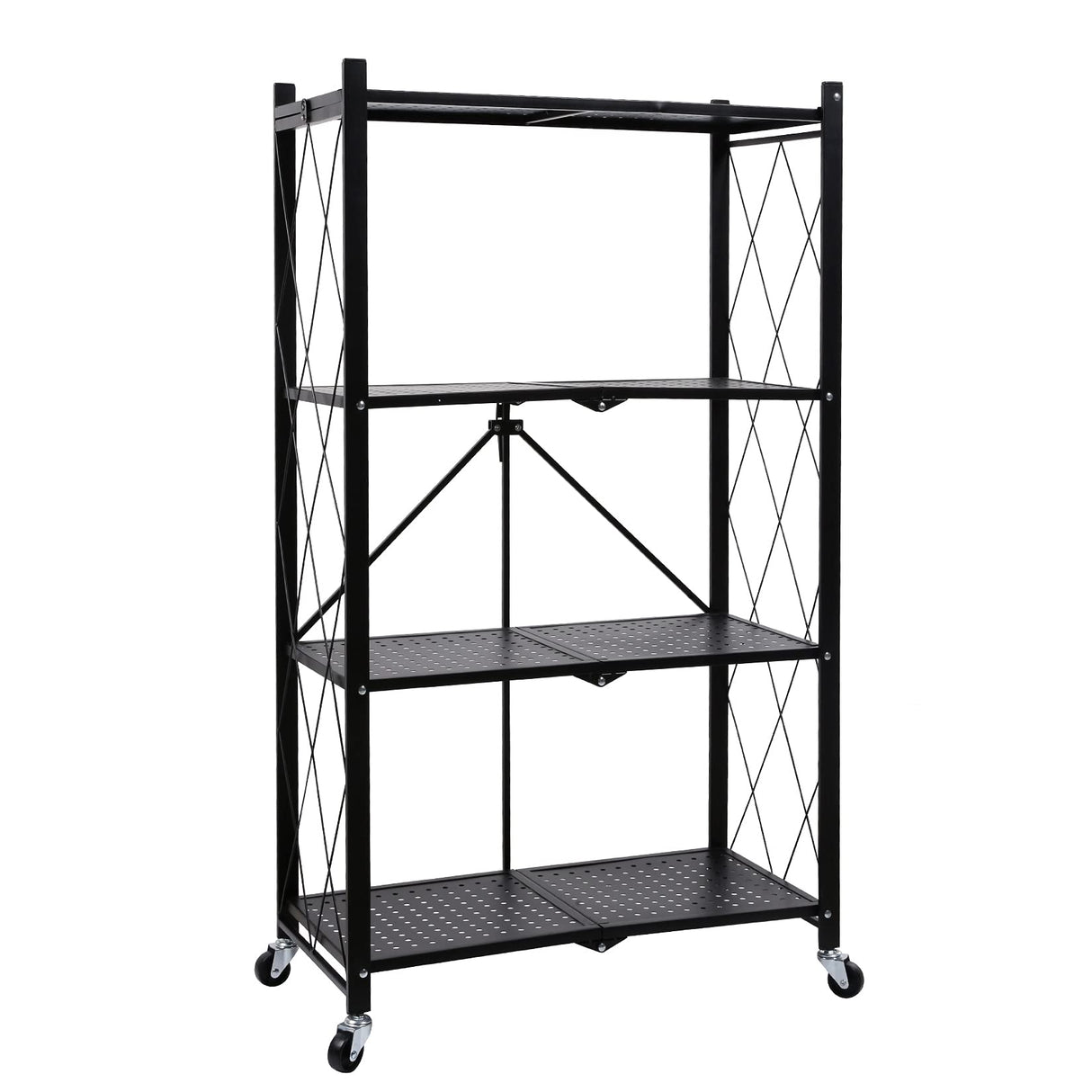 YSSOA 4-Tier Heavy Duty Foldable Metal Rack Storage Shelving Unit with Wheels Moving Easily Organizer Shelves Great for Garage Kitchen, Black YSSOA