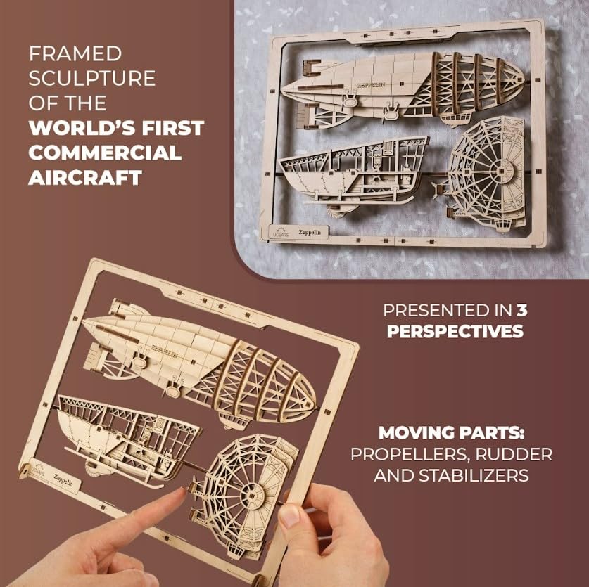 UGEARS 2.5D Framed Zeppelin - Classic Aircraft Wood Model Kit with Movable Propellers & Stabilizers - Airship Wooden Puzzle Model Kits for Adults - UGEARS