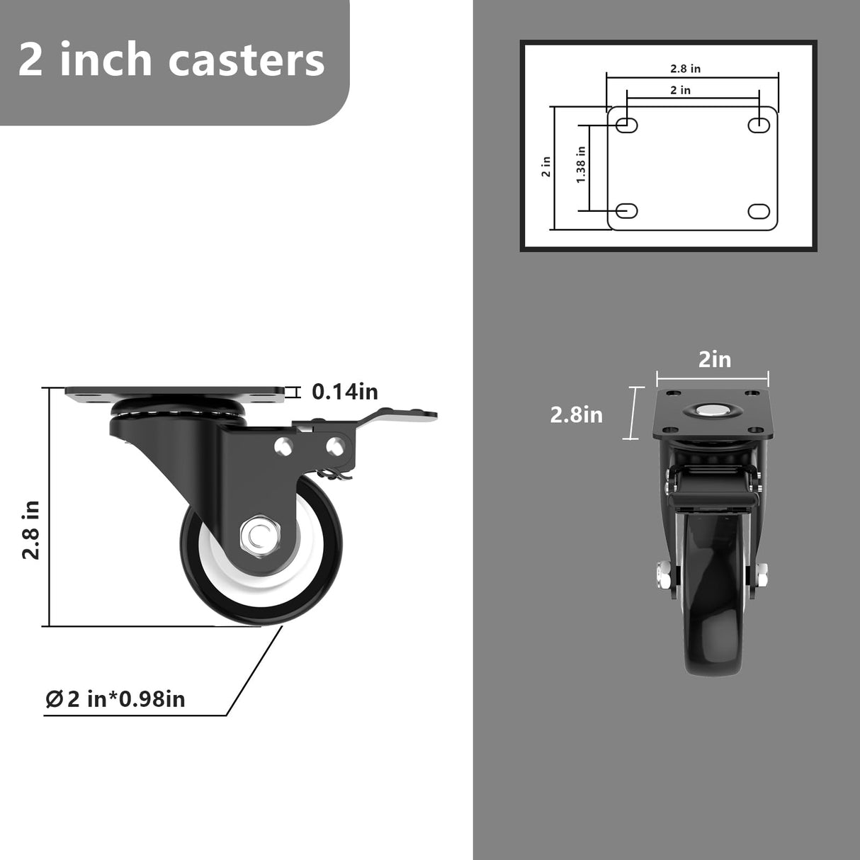 2 Inch Wheel Casters,Set of 4 Heavy Duty,Black Industrial Casters with Brake, Locking Casters for Furniture and Workbench for Cart,Top Plate Swivel JIN FU TOU