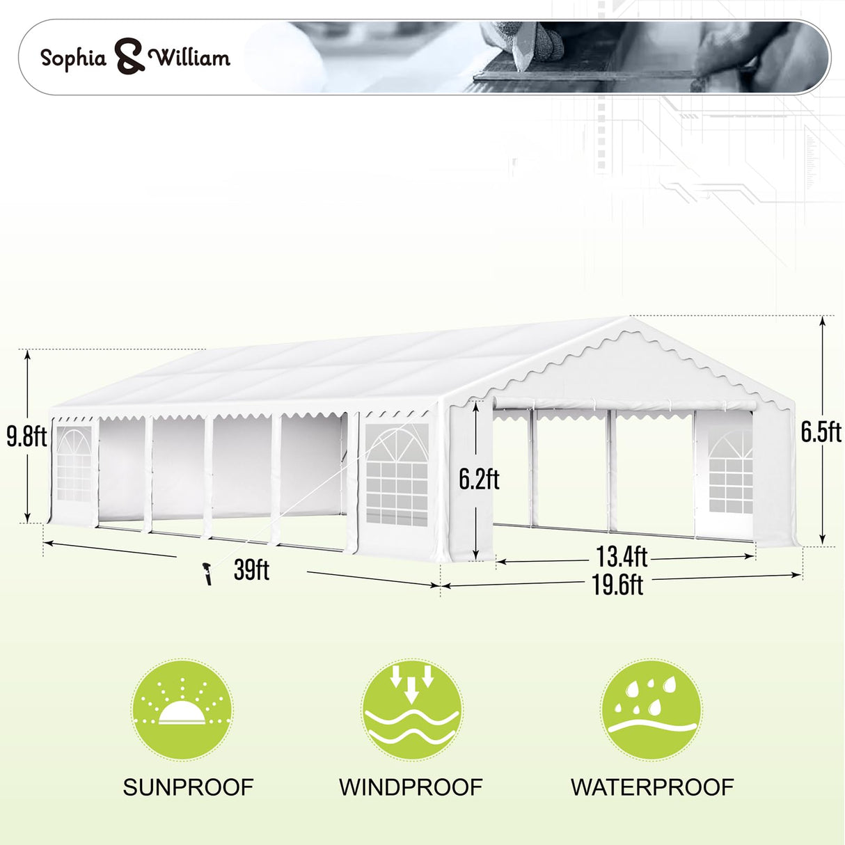 Sophia & William XXXLarge 20'x 40' Gazebo Party Tent White, Outdoor Wedding Event Camping Canopy Shade with 12 Removable Side Walls and Carry PE Bag, Sophia & William