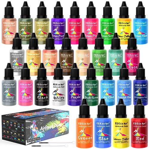 Airbrush Paint Set - 30 Colors Airbrush Paint with 2 Cleaning Brush, Ready to Spray Airbrush Kit, Water Based Acrylic Air Brush Paint for Metal, ERCorArt
