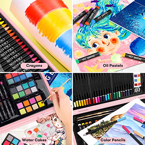 iBayam Art Supplies, 150-Pack Deluxe Wooden Art Set Crafts Drawing Painting Kit with 1 Coloring Book, 2 Sketch Pads, Creative Gift Box for Adults iBayam